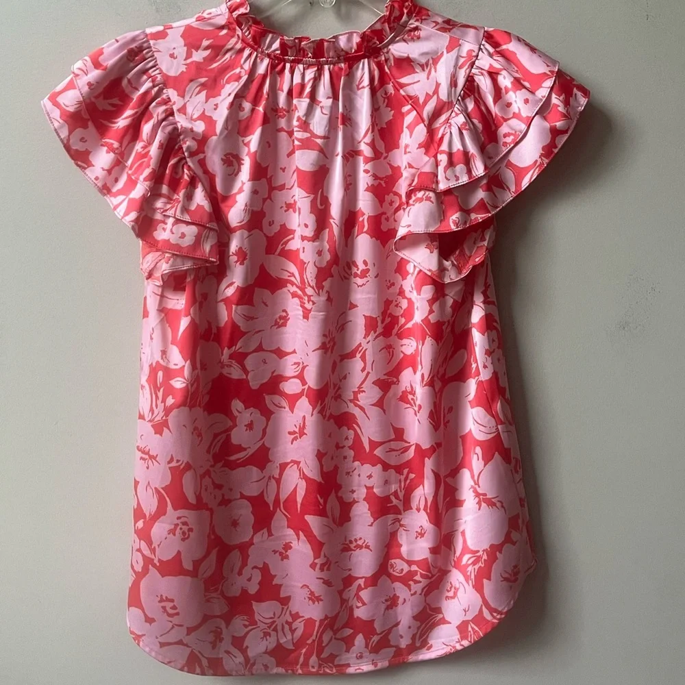 Floral Ruffle Sleeve Tie-Neck Blouse - Pink - Picture 4 of 9
